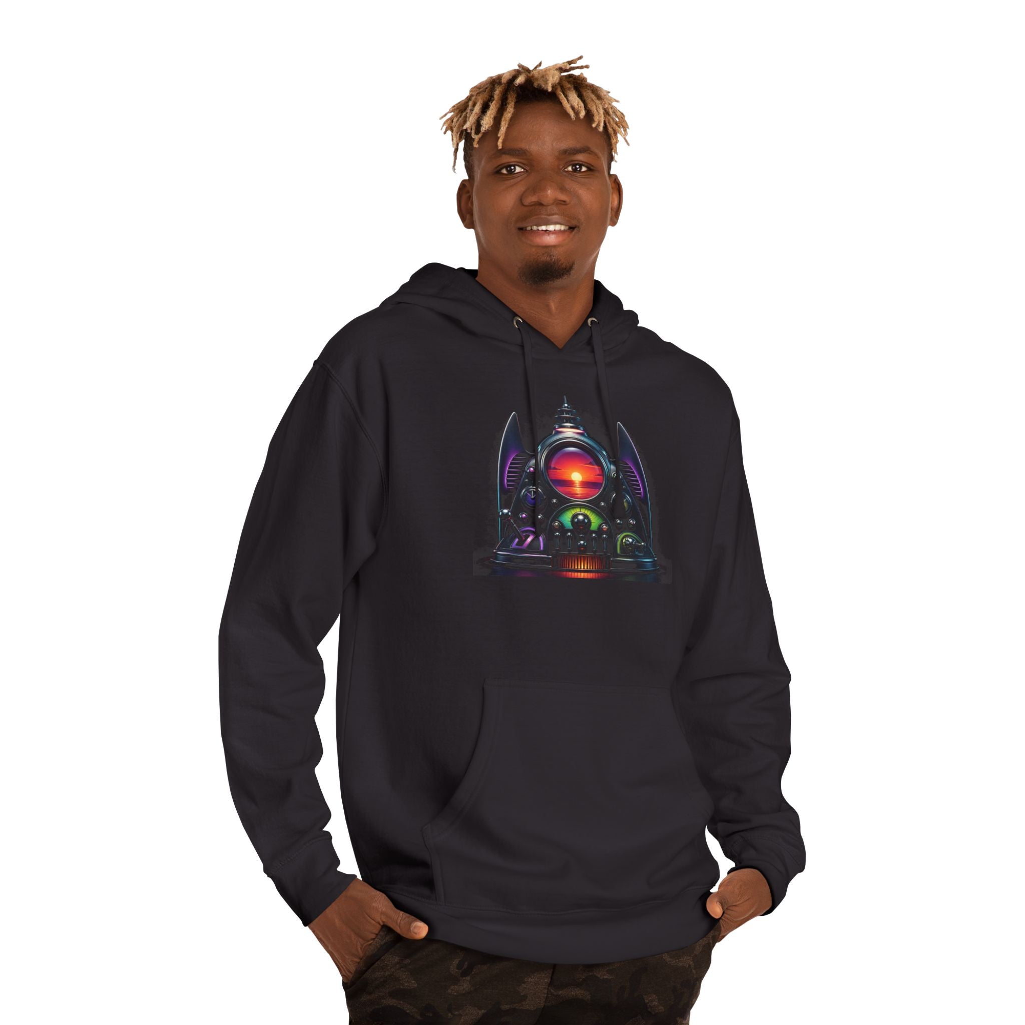 Synthetic Sunset Machine KOSVYRE hoodie product mockup, lifestyle view