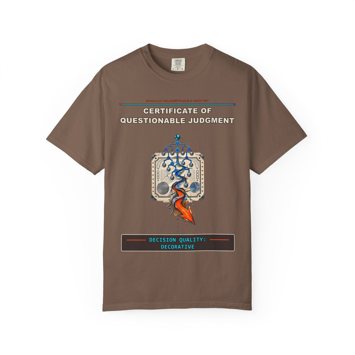 Certificate of Questionable Judgment graphic tee by KOSVYRE in Espresso, front artwork view