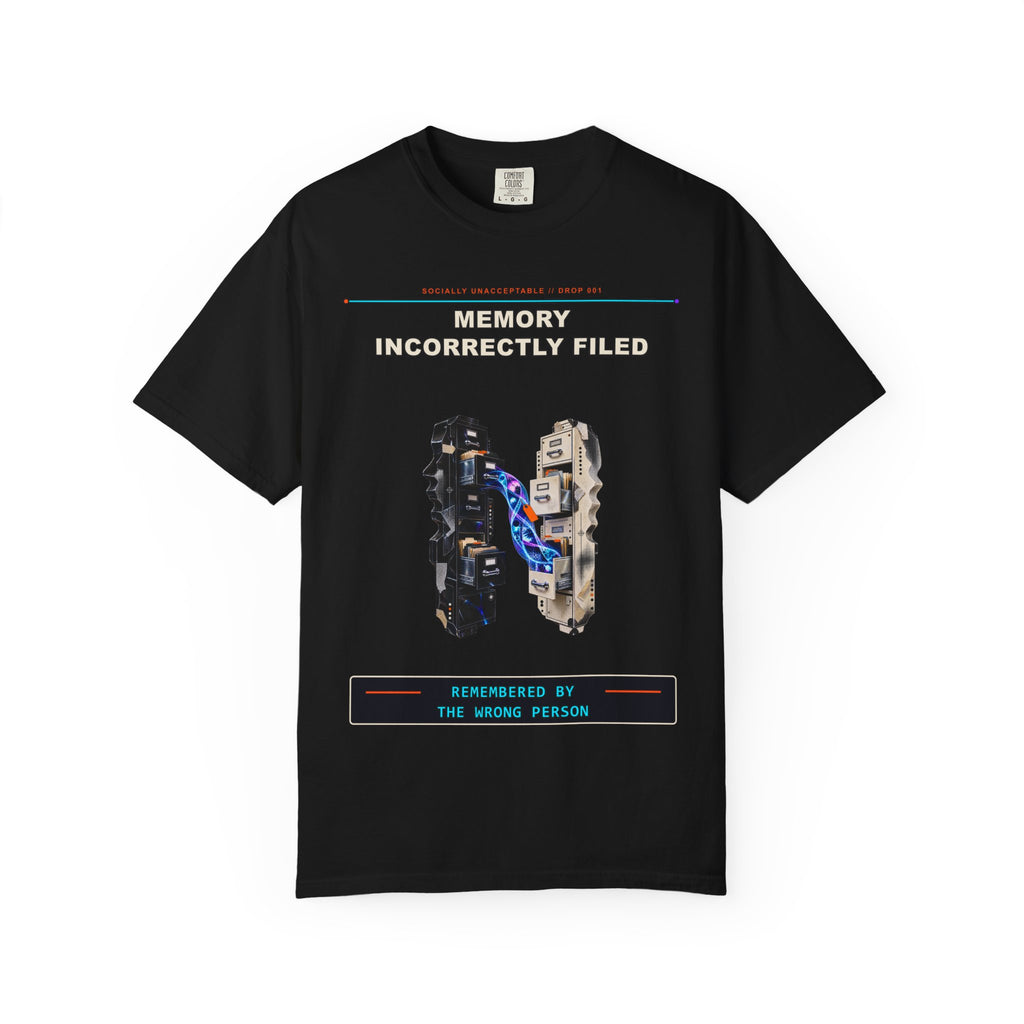 Memory Incorrectly Filed graphic tee by KOSVYRE in Black, front artwork view
