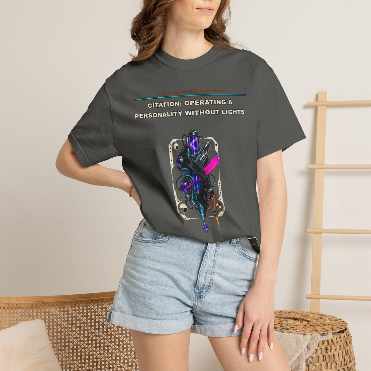 Citation: Operating a Personality Without Lights graphic tee by KOSVYRE in Pepper, other product view 2