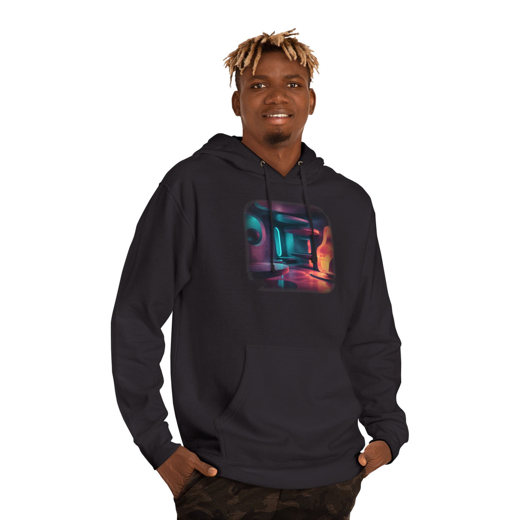 Hollow Signal Apartment original KOSVYRE design on a black hoodie, product gallery view 10