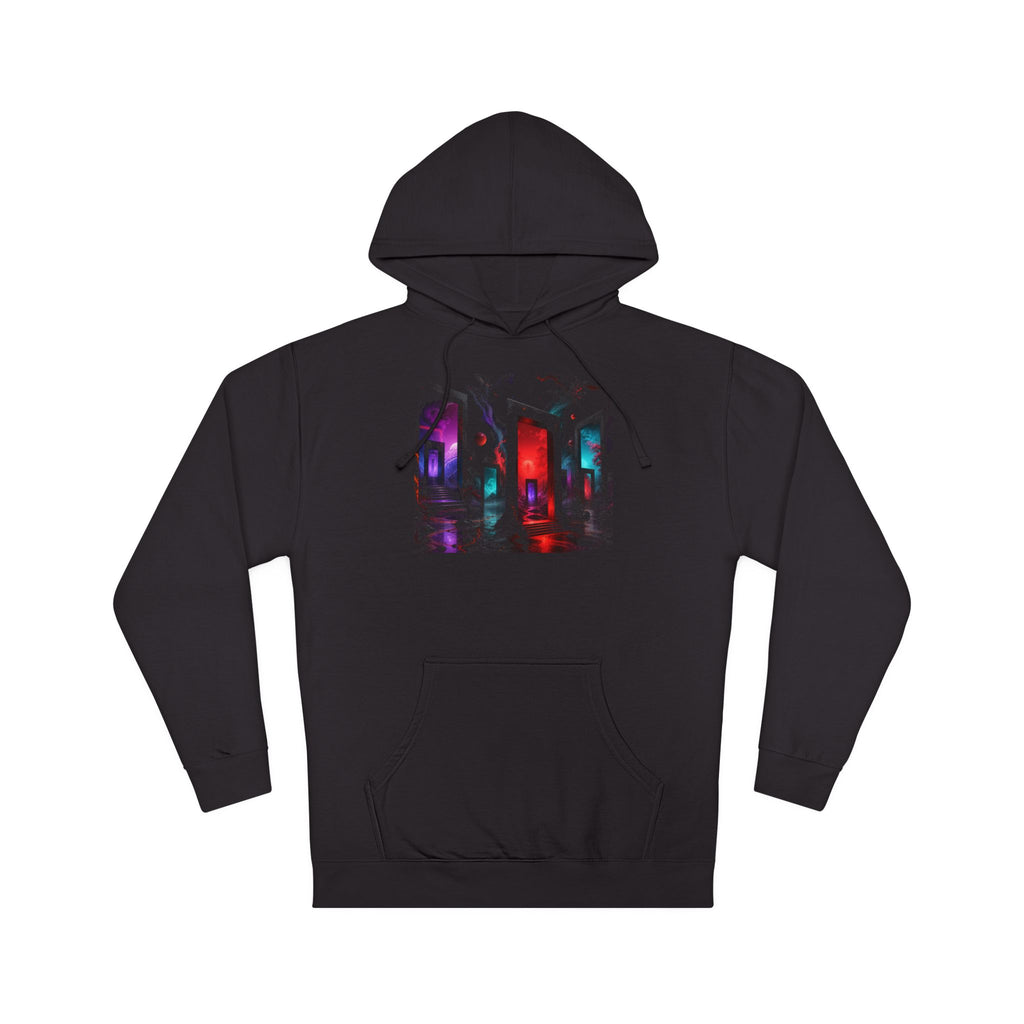 Infrared Orchard of Doors original KOSVYRE design on a black hoodie, product gallery view 7