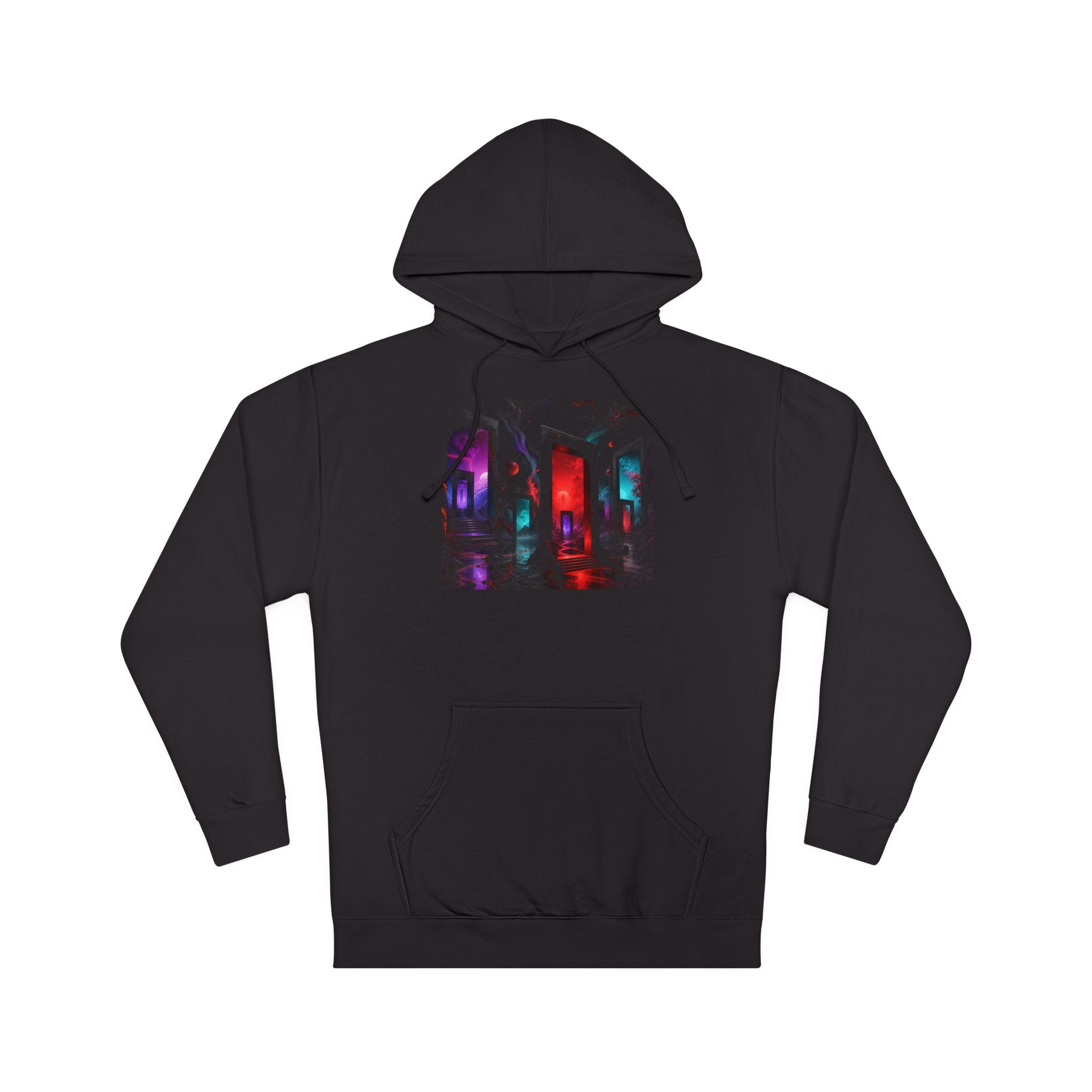 Infrared Orchard of Doors original KOSVYRE design on a black hoodie, product gallery view 7
