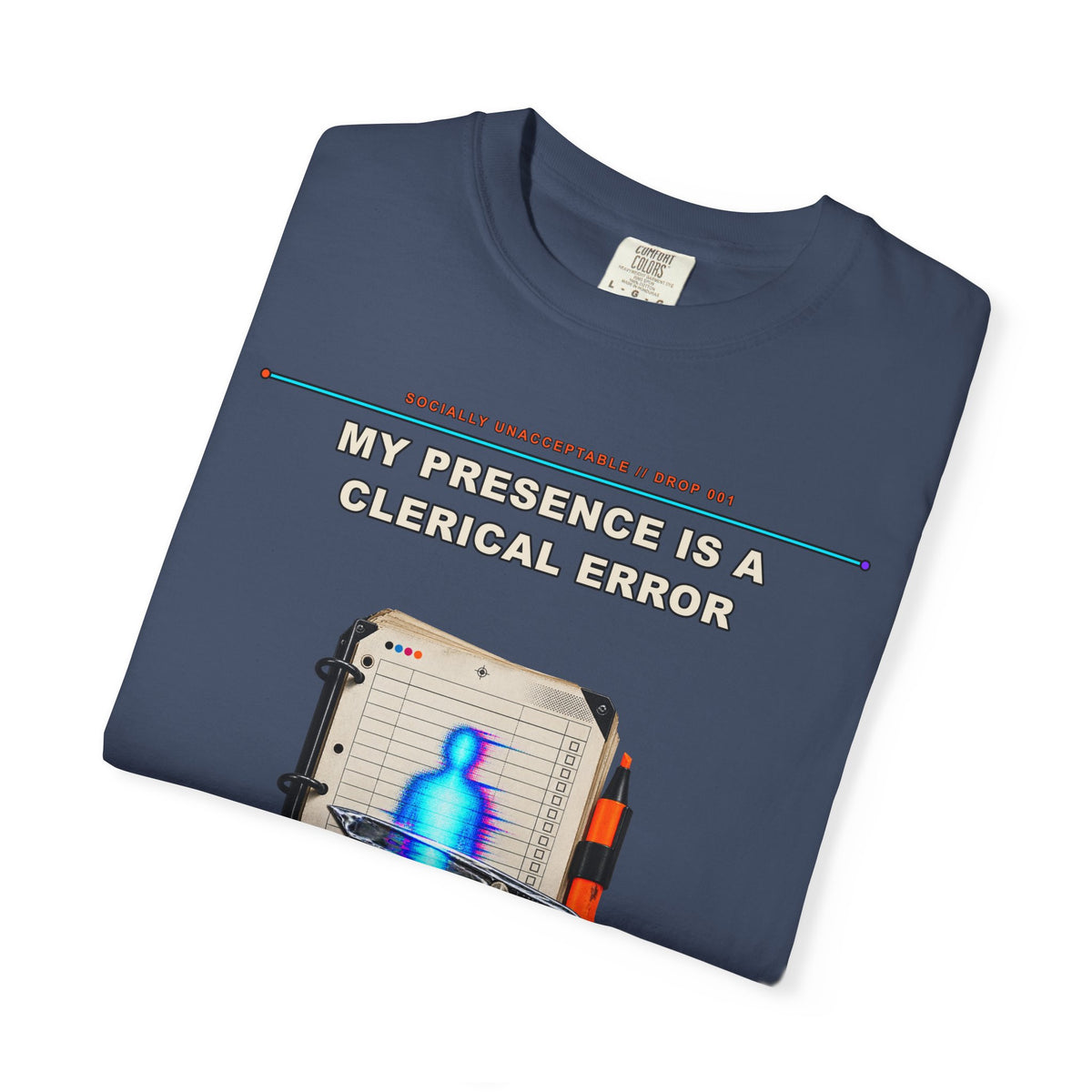My Presence Is a Clerical Error graphic tee by KOSVYRE in Midnight, other product view 1
