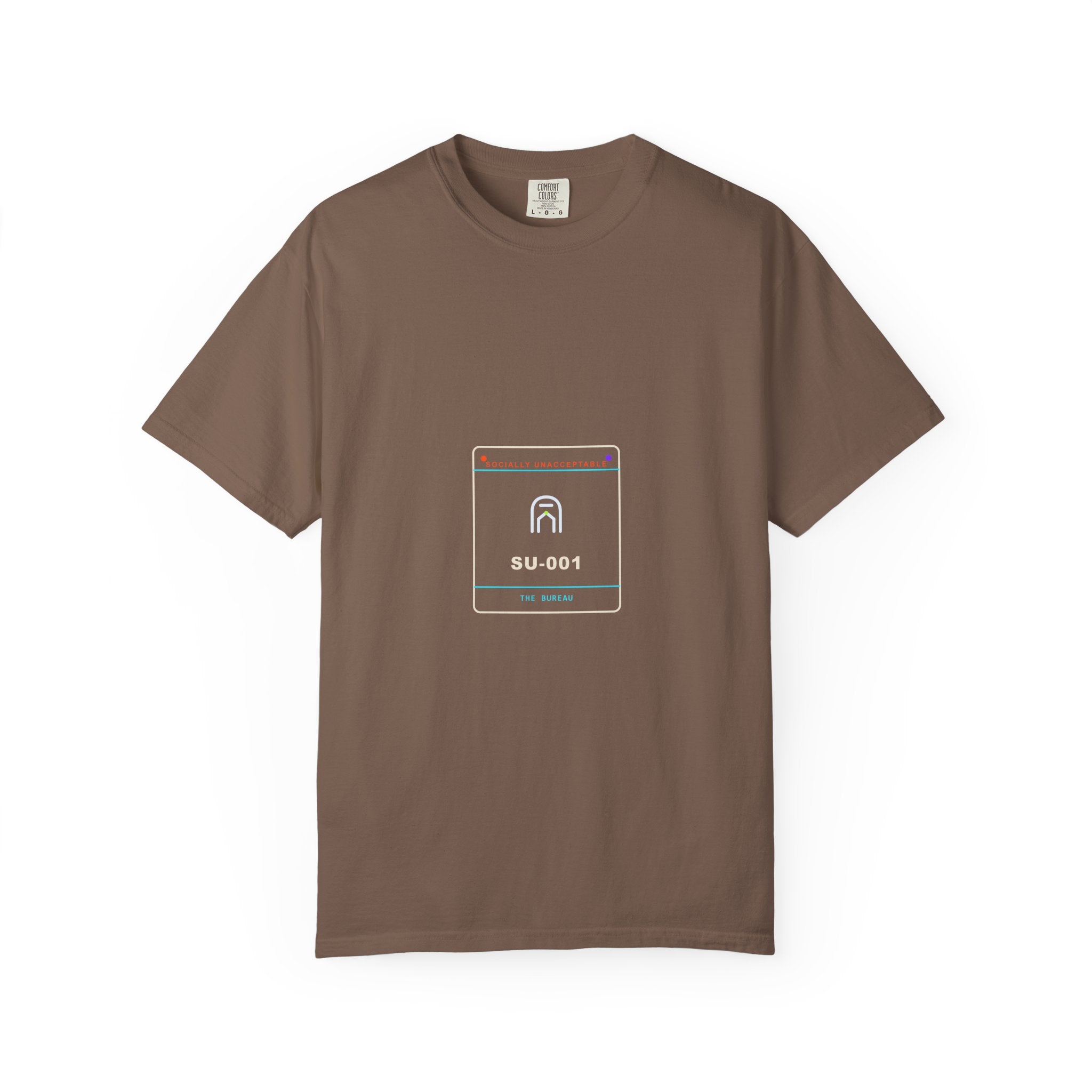 Department of Unlicensed Consciousness garment-dyed graphic tee by KOSVYRE in Espresso, front view