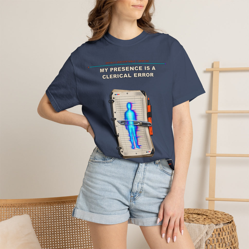My Presence Is a Clerical Error graphic tee by KOSVYRE in Midnight, other product view 2
