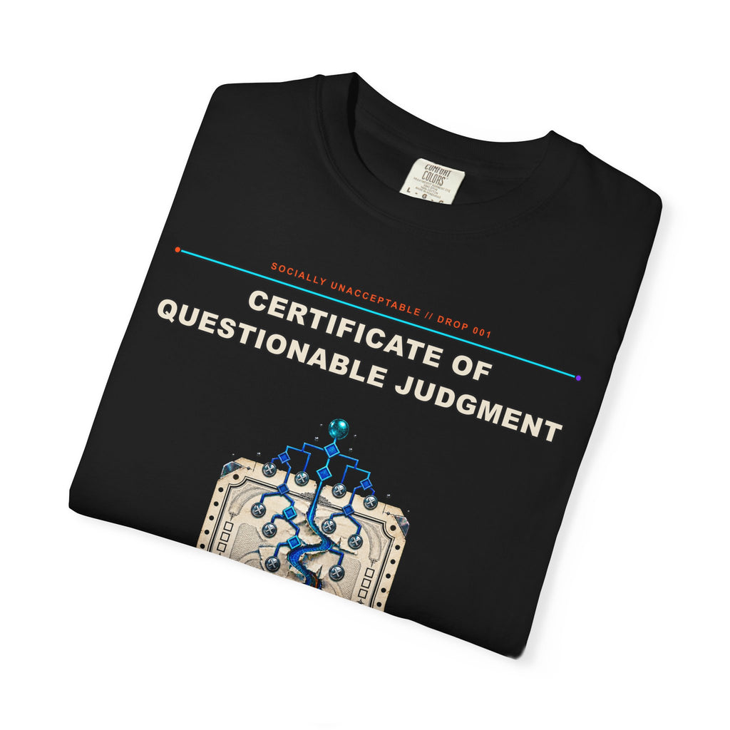 Certificate of Questionable Judgment graphic tee by KOSVYRE in Black, other product view 1