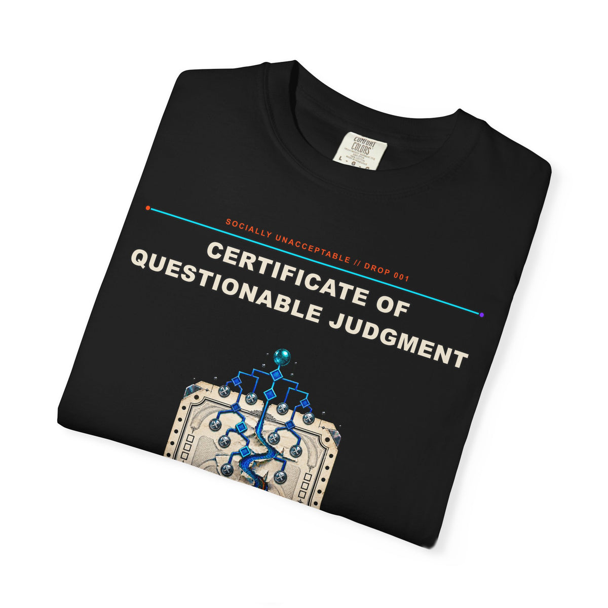 Certificate of Questionable Judgment graphic tee by KOSVYRE in Black, other product view 1