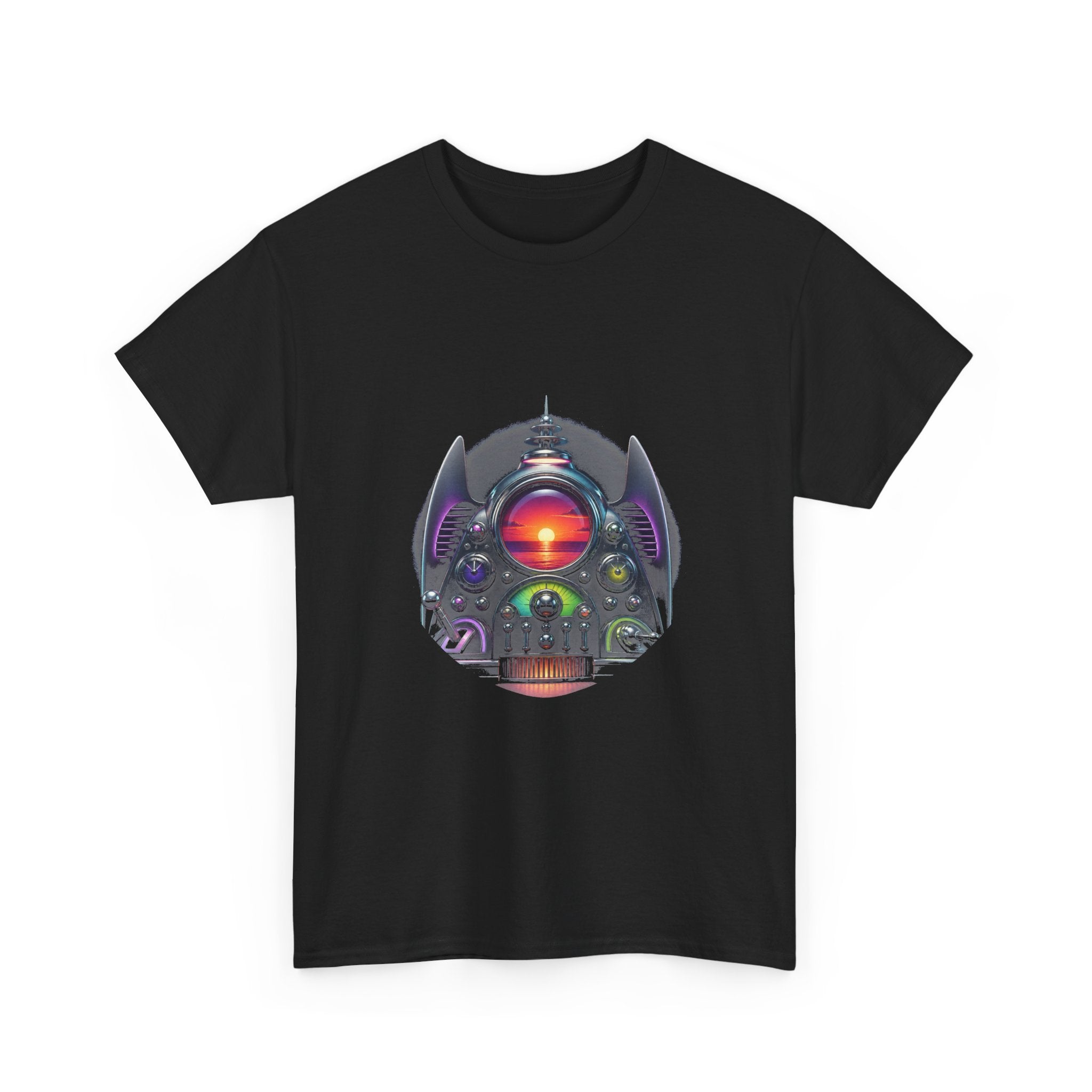 Synthetic Sunset Machine KOSVYRE graphic tee product mockup, detail view