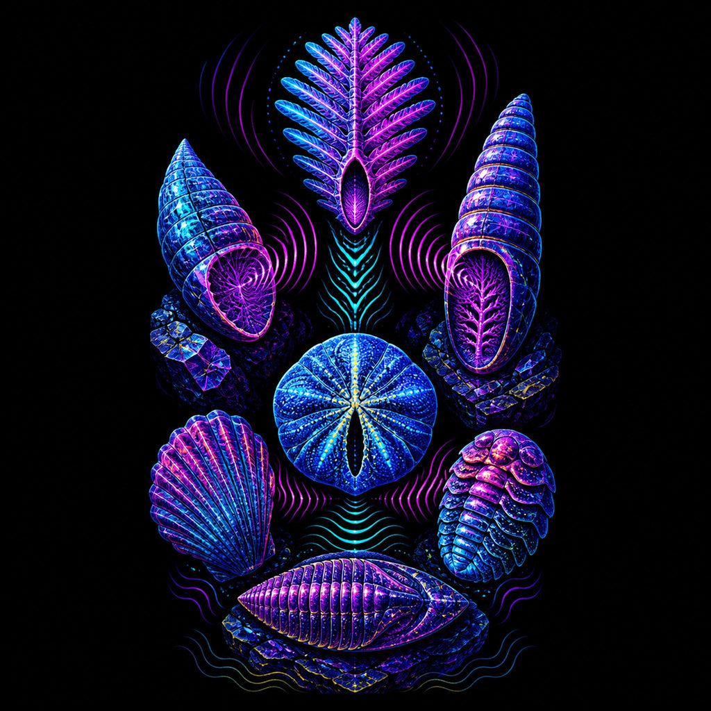 Original KOSVYRE blacklight creatures piece titled Ultraviolet Fossil Choir, prepared as an art print