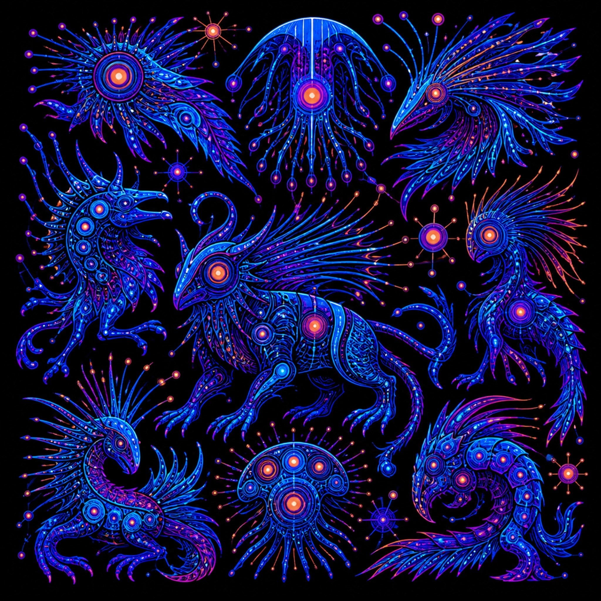 Original KOSVYRE blacklight creatures piece titled Blue Static Menagerie, prepared as an art print