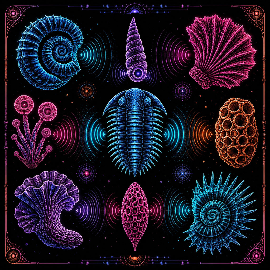 Original KOSVYRE blacklight creatures piece titled Neon Fossil Choir, prepared as an art print