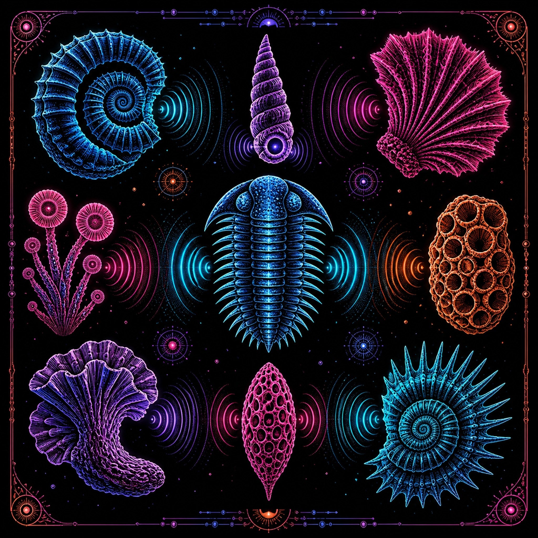 Original KOSVYRE blacklight creatures piece titled Neon Fossil Choir, prepared as an art print