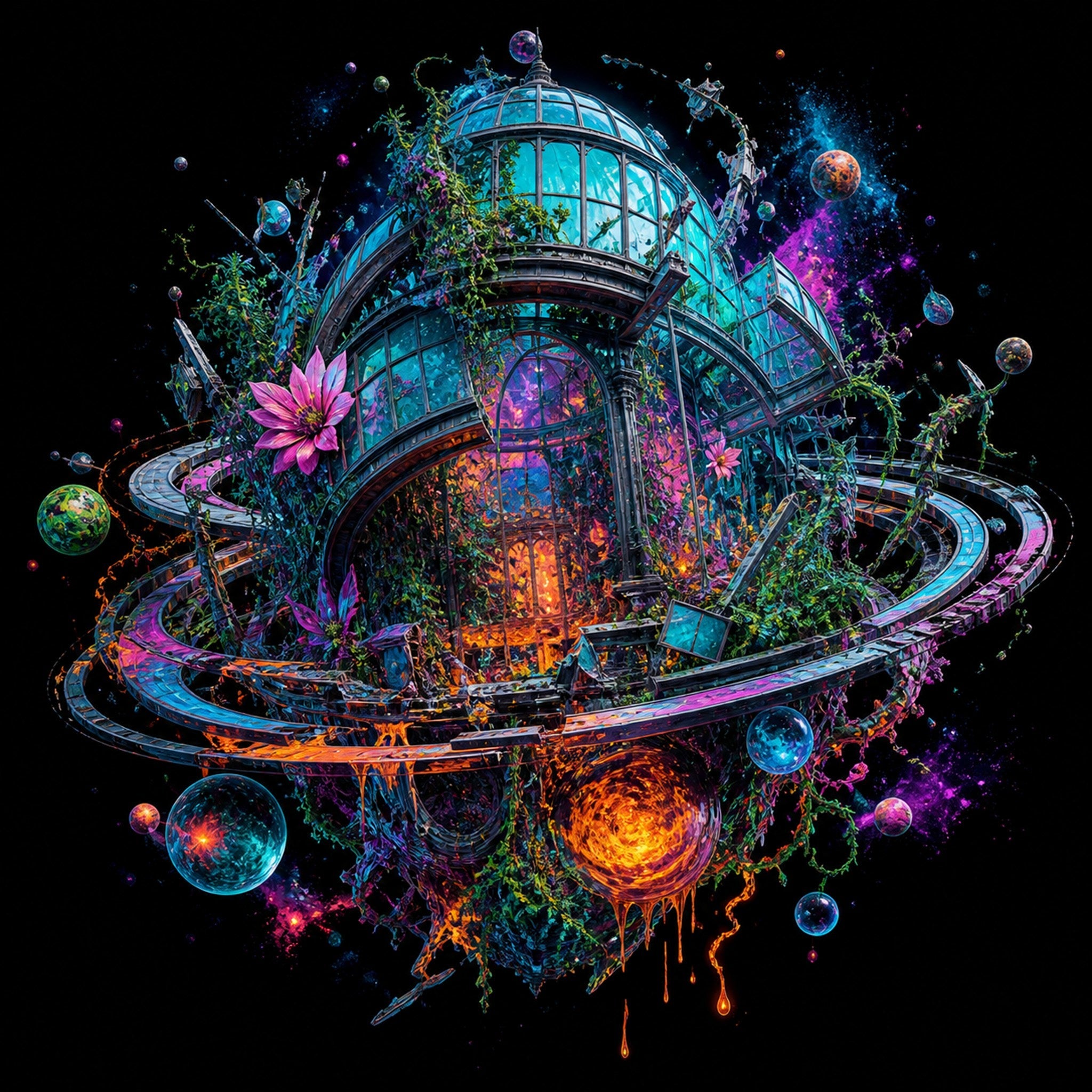 Original KOSVYRE cosmic architecture piece titled Orbital Hothouse Collapse, prepared as an art print