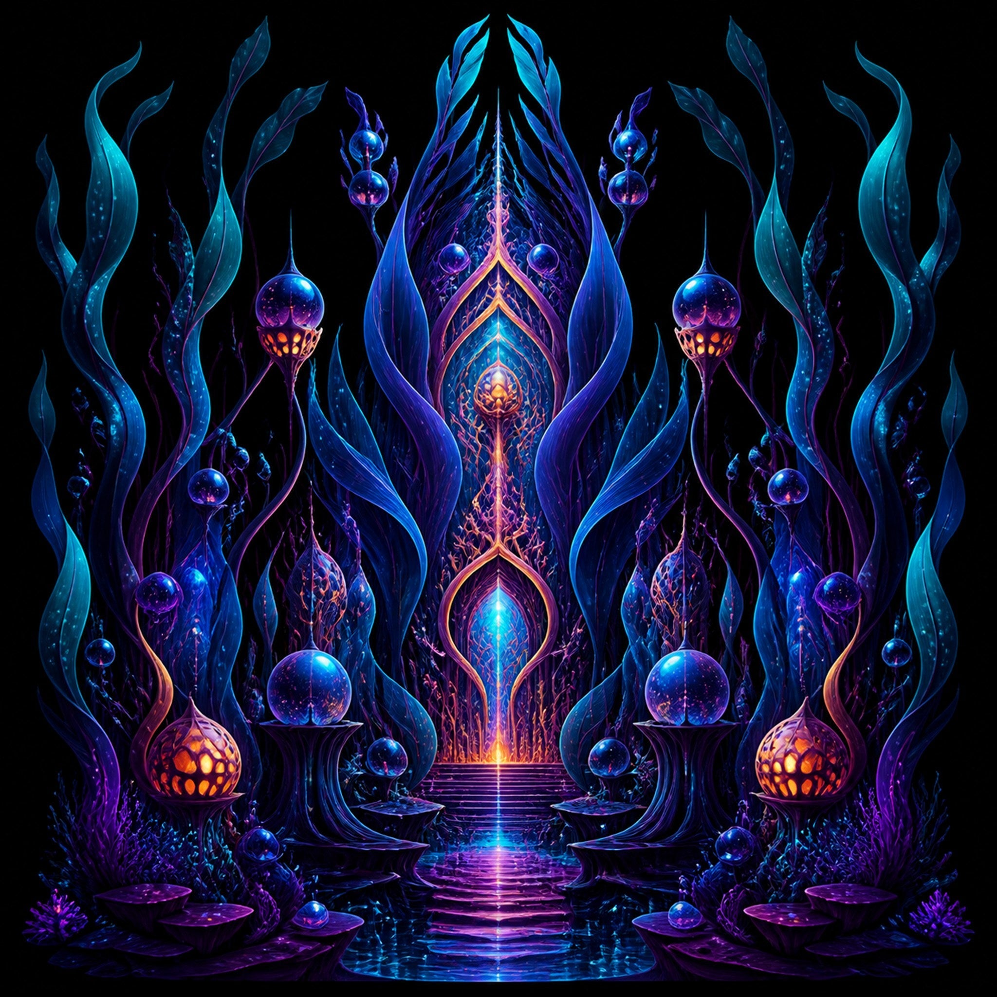 Original KOSVYRE alien botanical systems piece titled Ultraviolet Kelp Cathedral, prepared as an art print