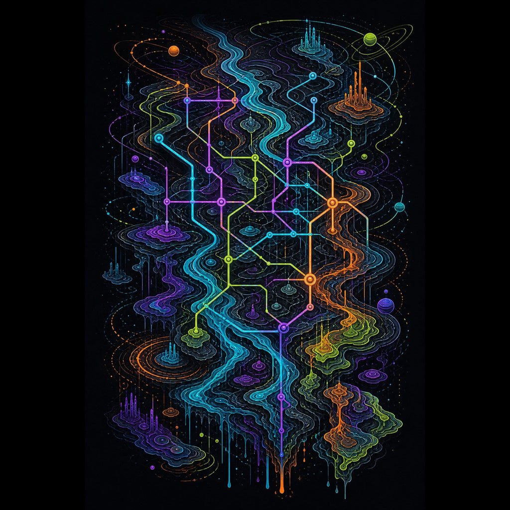 Original KOSVYRE cosmic cartography piece titled Dissolving Transit Map, prepared as an art print