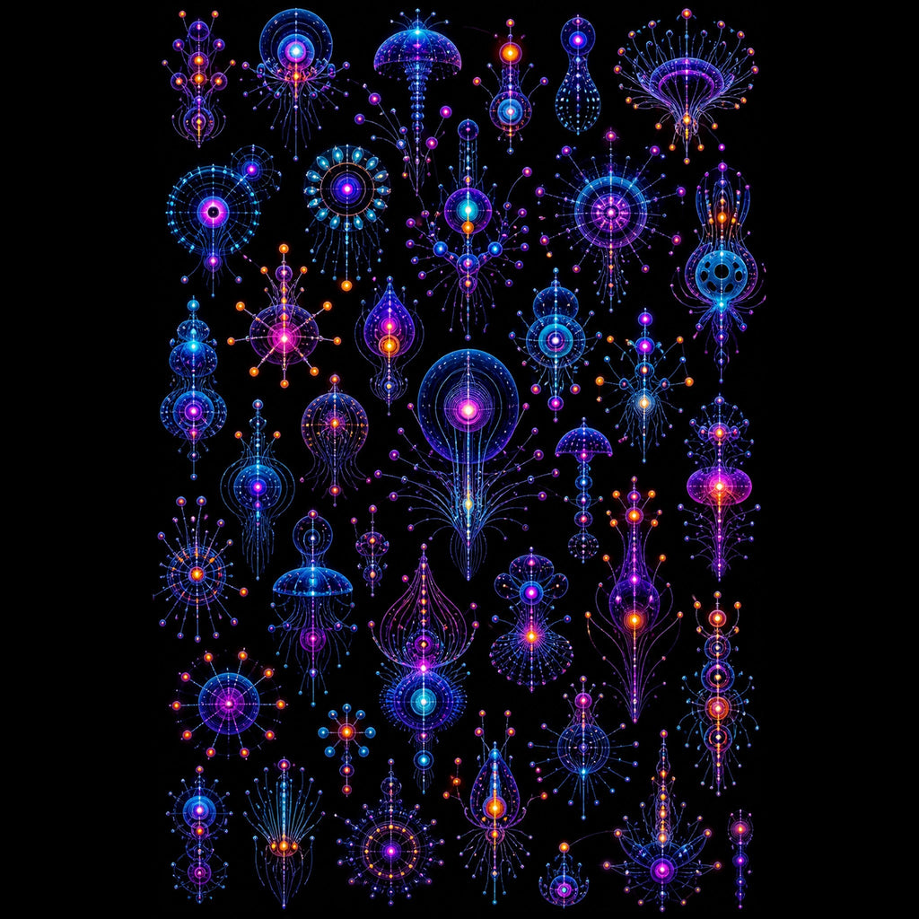 Original KOSVYRE blacklight creatures piece titled Deep Signal Menagerie, prepared as an art print