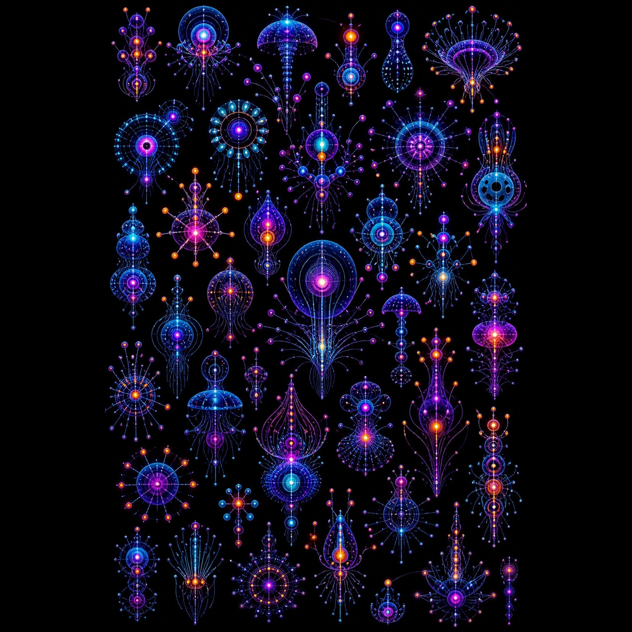 Original KOSVYRE blacklight creatures piece titled Deep Signal Menagerie, prepared as an art print