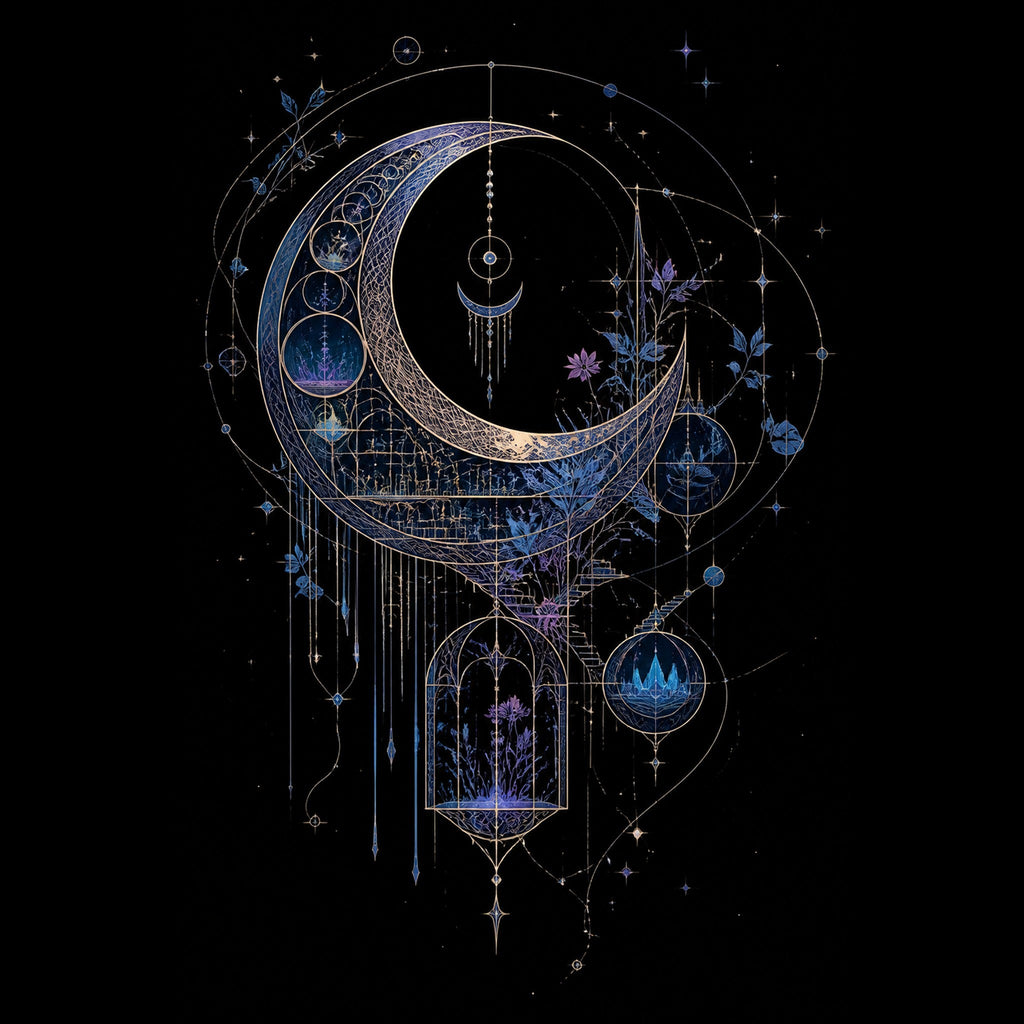 Original KOSVYRE celestial linework piece titled Threaded Moon Archive, prepared as an art print