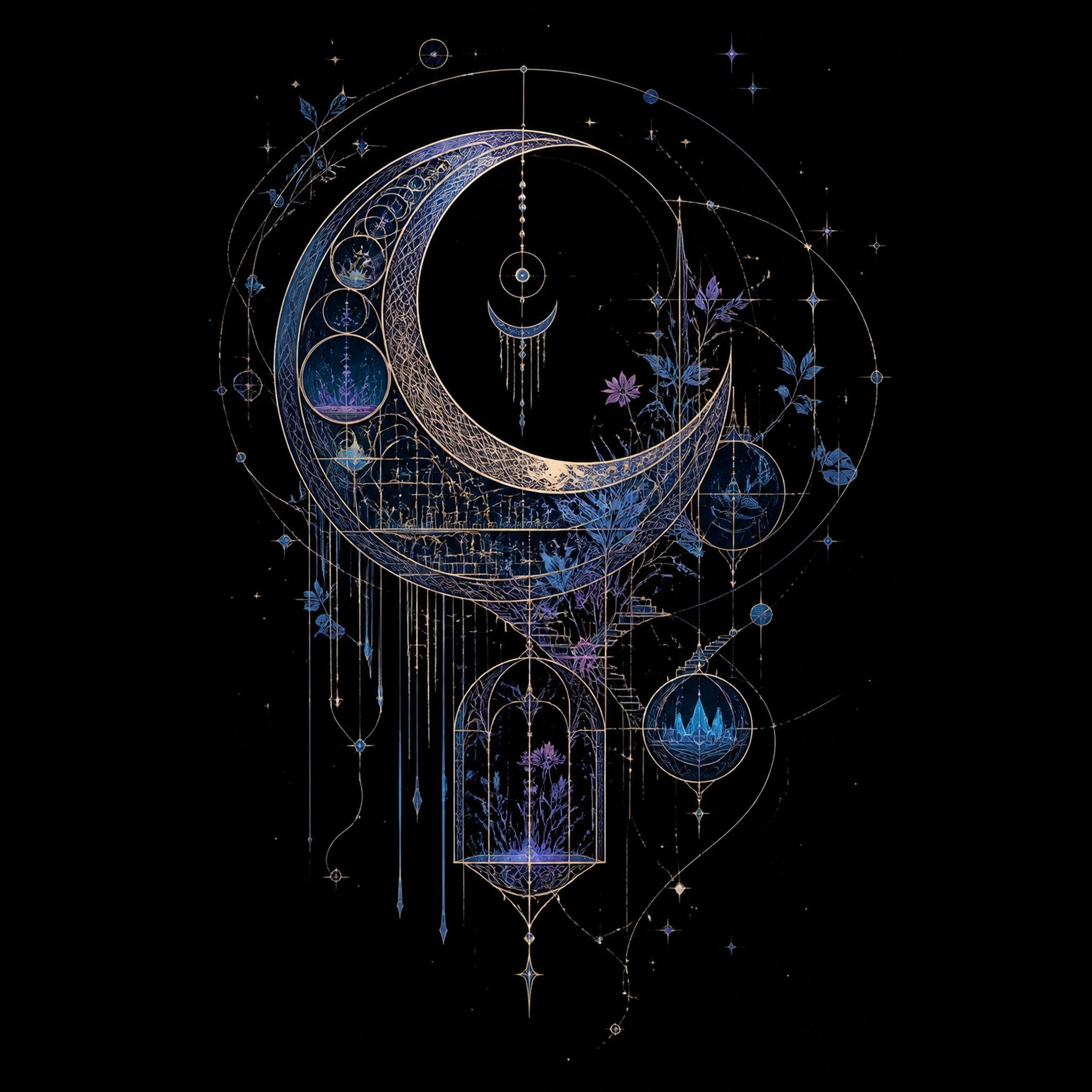 Original KOSVYRE celestial linework piece titled Threaded Moon Archive, prepared as an art print