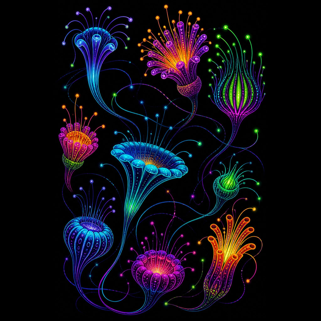 Original KOSVYRE blacklight creatures piece titled Blacklight Bloom Relay, prepared as an art print