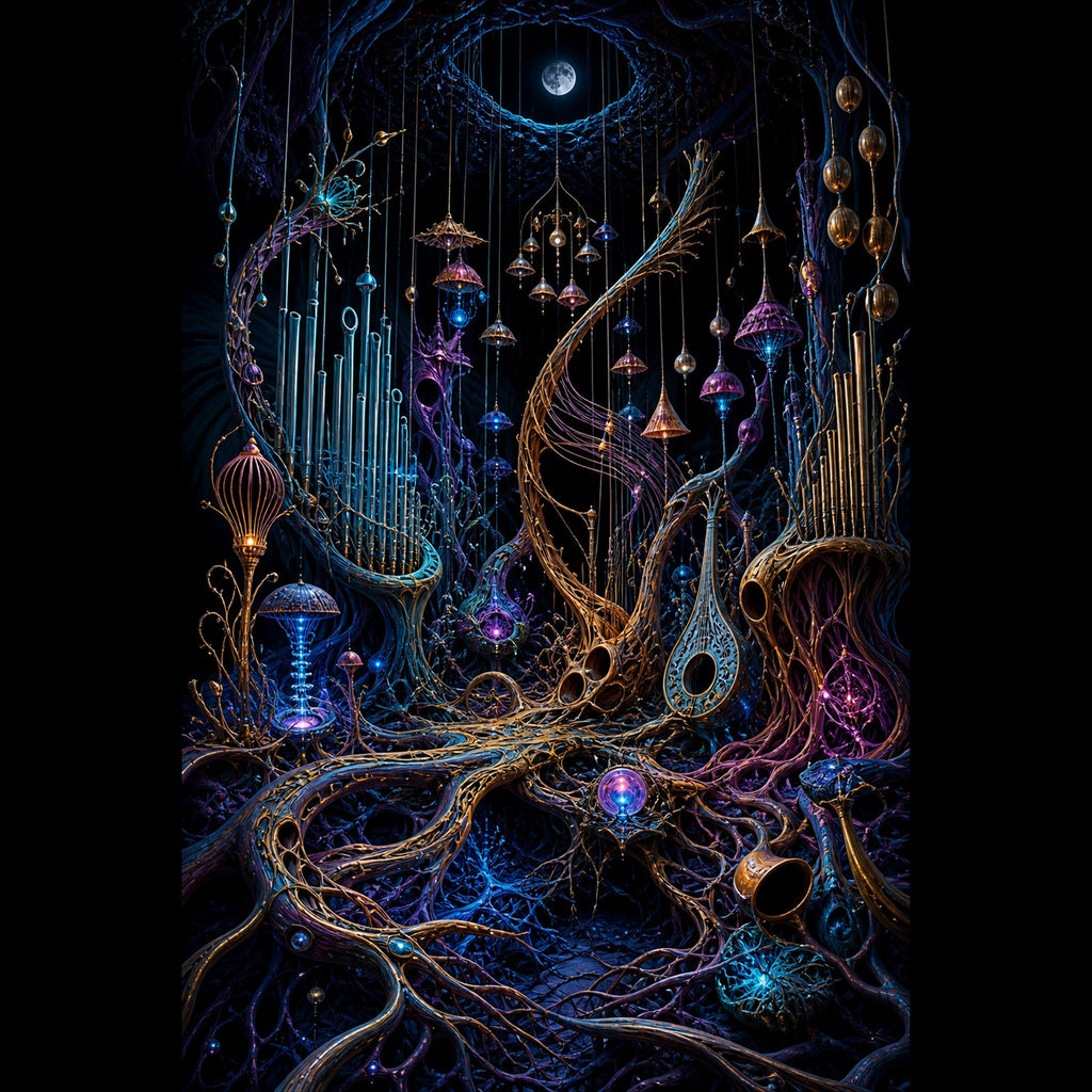 Original KOSVYRE alien botanical systems piece titled Lunar Root Orchestra, prepared as an art print
