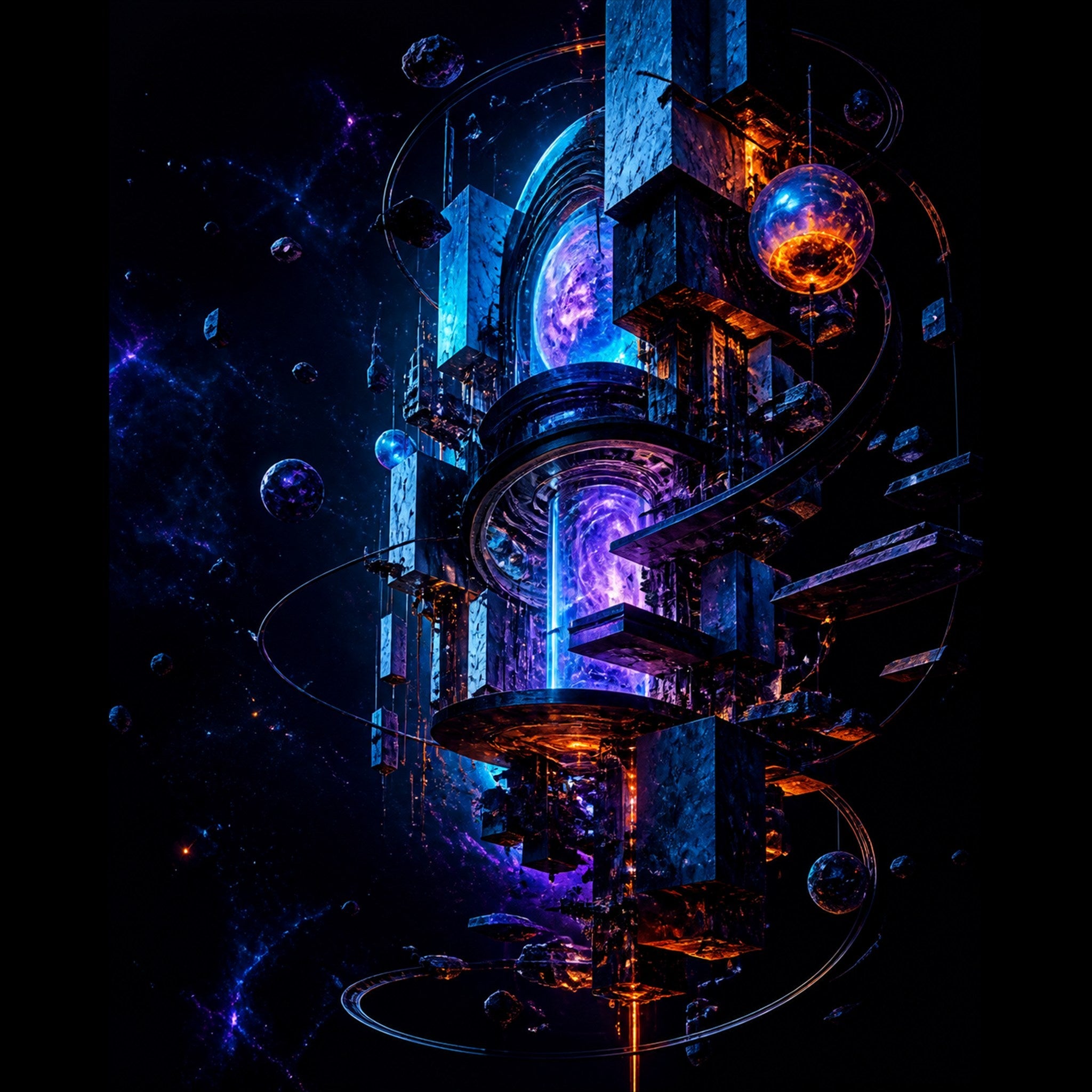 Original KOSVYRE cosmic architecture piece titled Orbiting Archive Engine, prepared as an art print