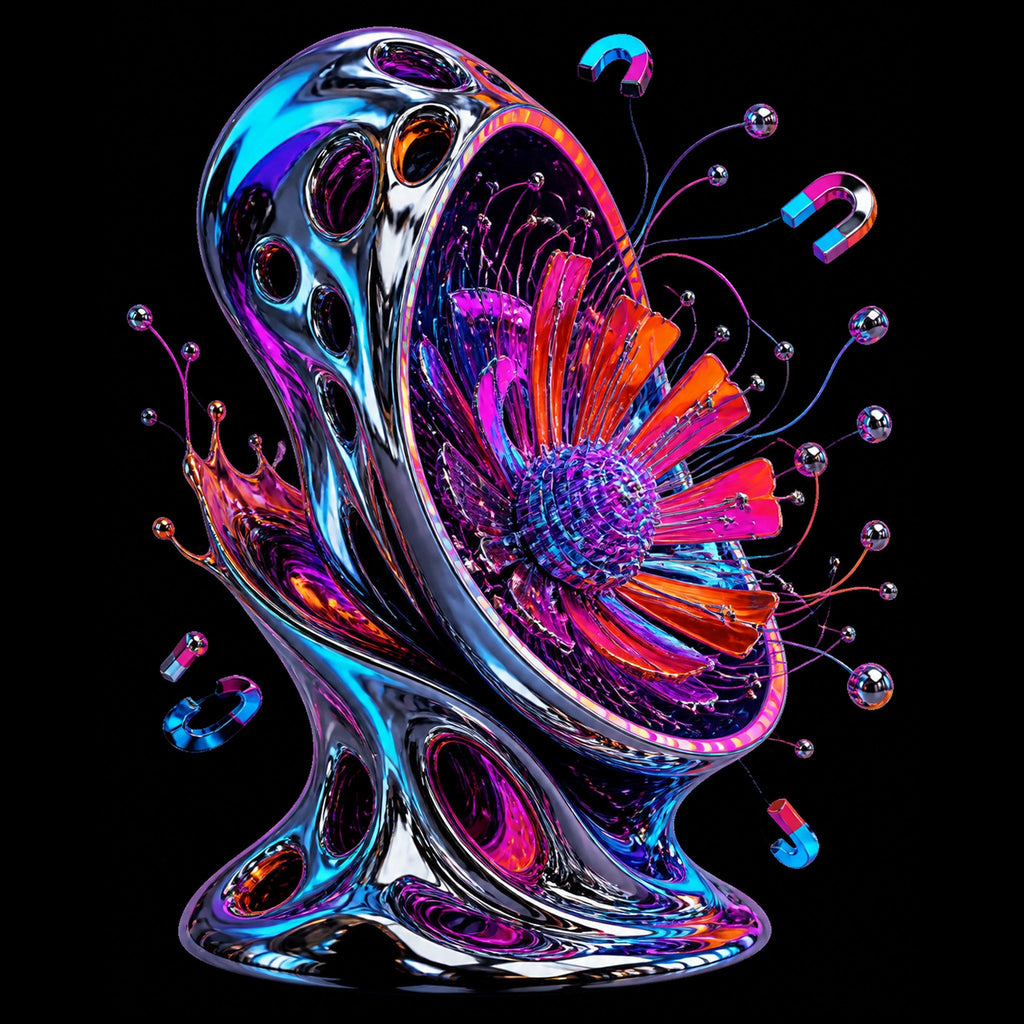 Original KOSVYRE chrome vessels piece titled Magnetic Bloom Vessel, prepared as an art print
