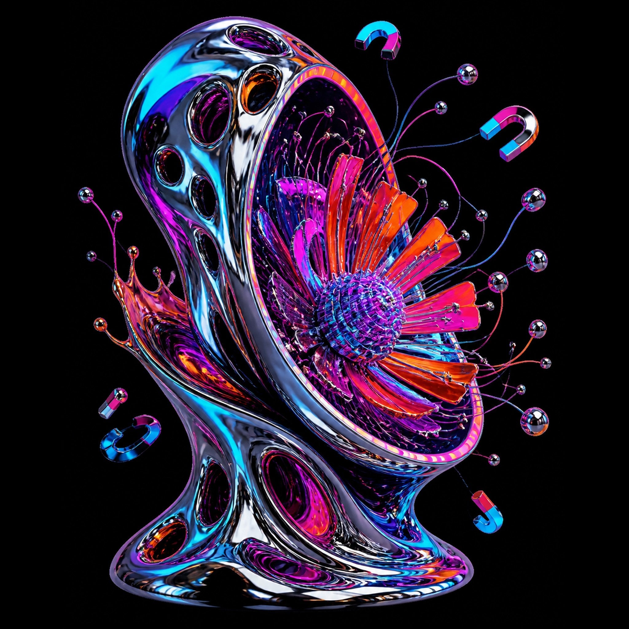 Original KOSVYRE chrome vessels piece titled Magnetic Bloom Vessel, prepared as an art print