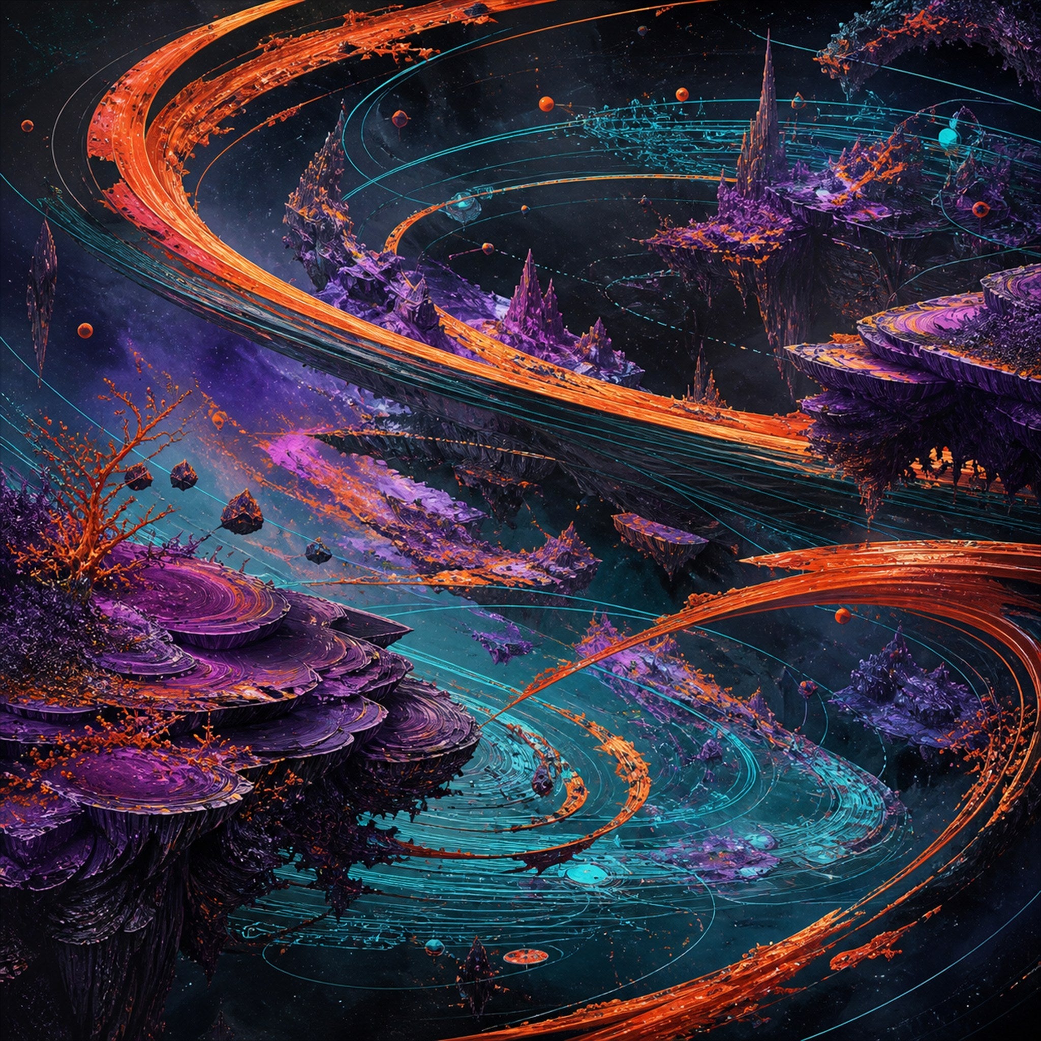 Original KOSVYRE cosmic cartography piece titled Vermilion Orbital Reef, prepared as an art print
