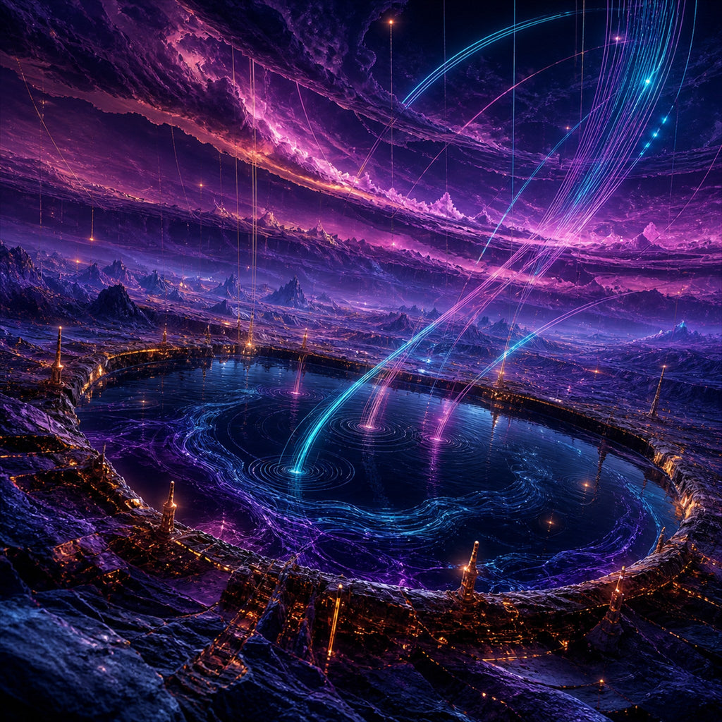 Original KOSVYRE cosmic transmissions piece titled Dusk Relay Basin, prepared as an art print