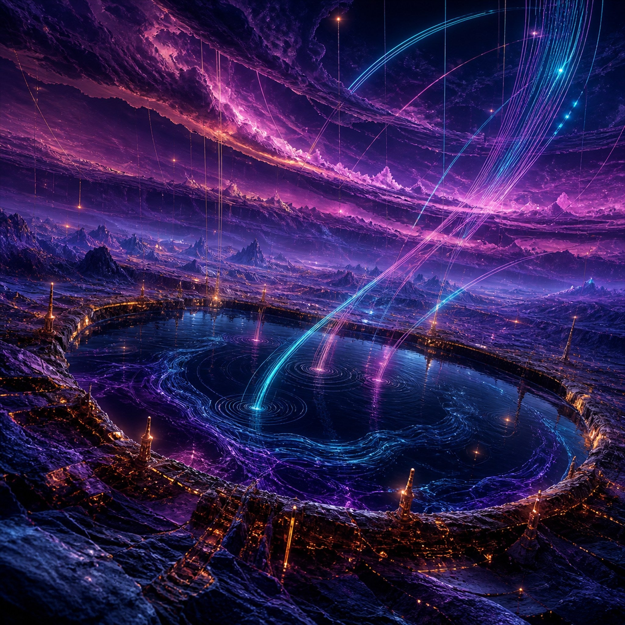 Original KOSVYRE cosmic transmissions piece titled Dusk Relay Basin, prepared as an art print