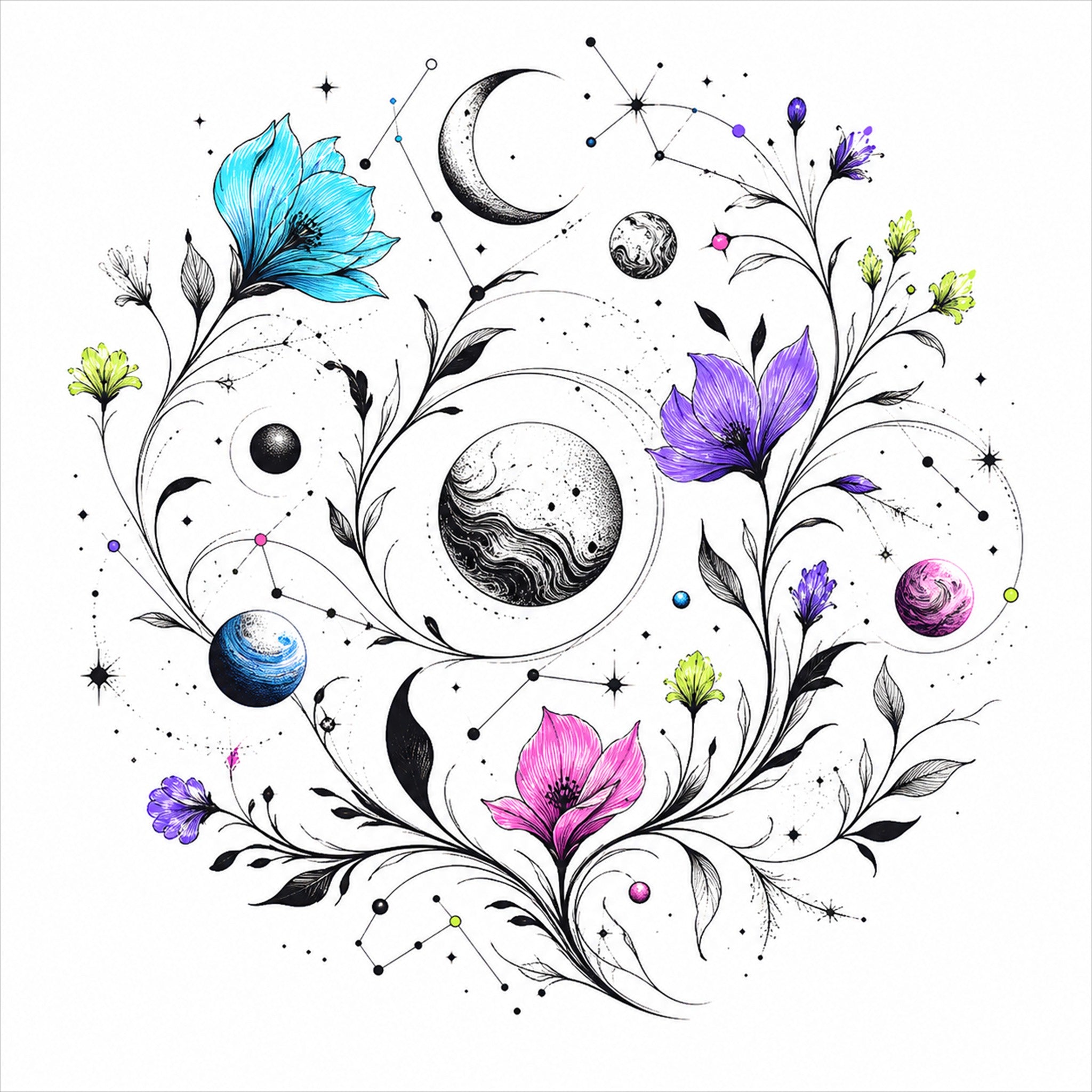 Close-up of the original KOSVYRE artwork Astral Ink Garden