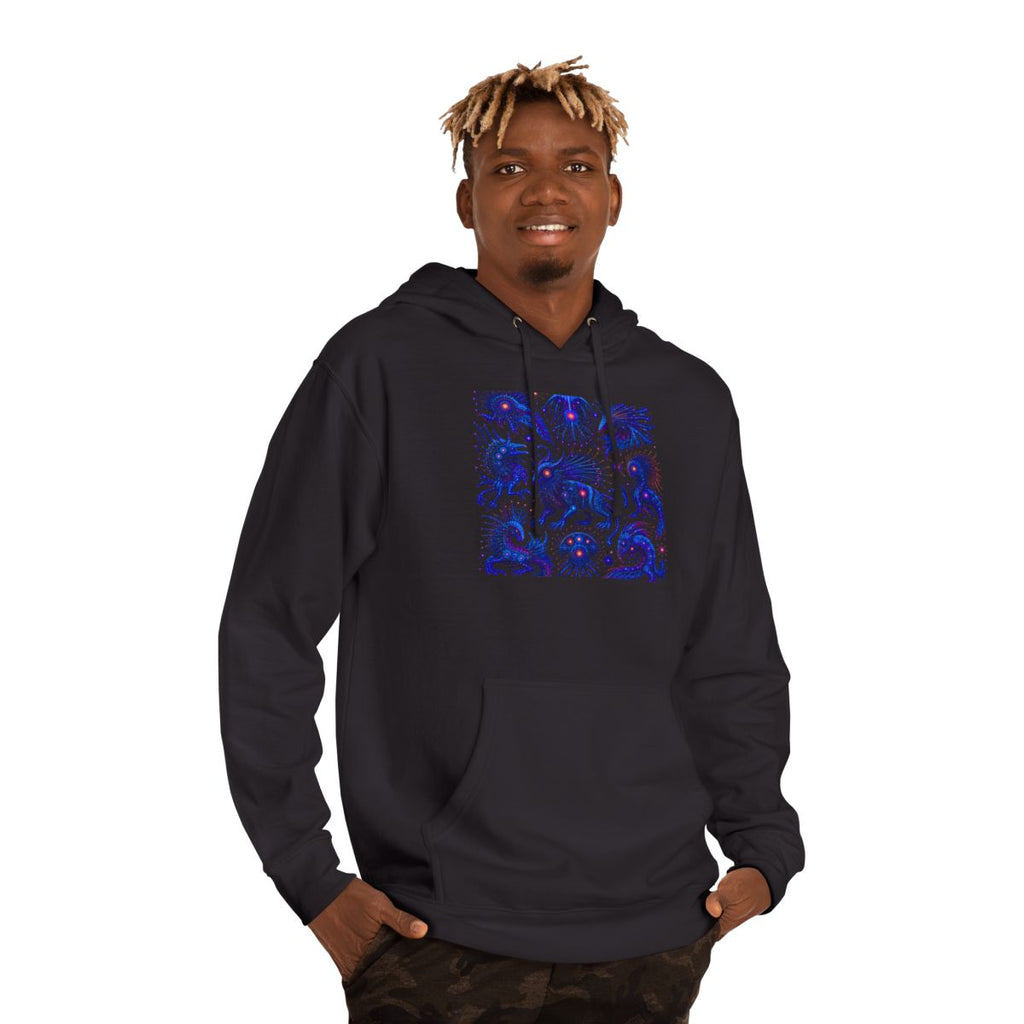 Blue Static Menagerie KOSVYRE hoodie product mockup, person 2 front view