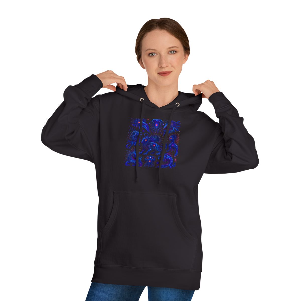 Blue Static Menagerie KOSVYRE hoodie product mockup, person 1 front view