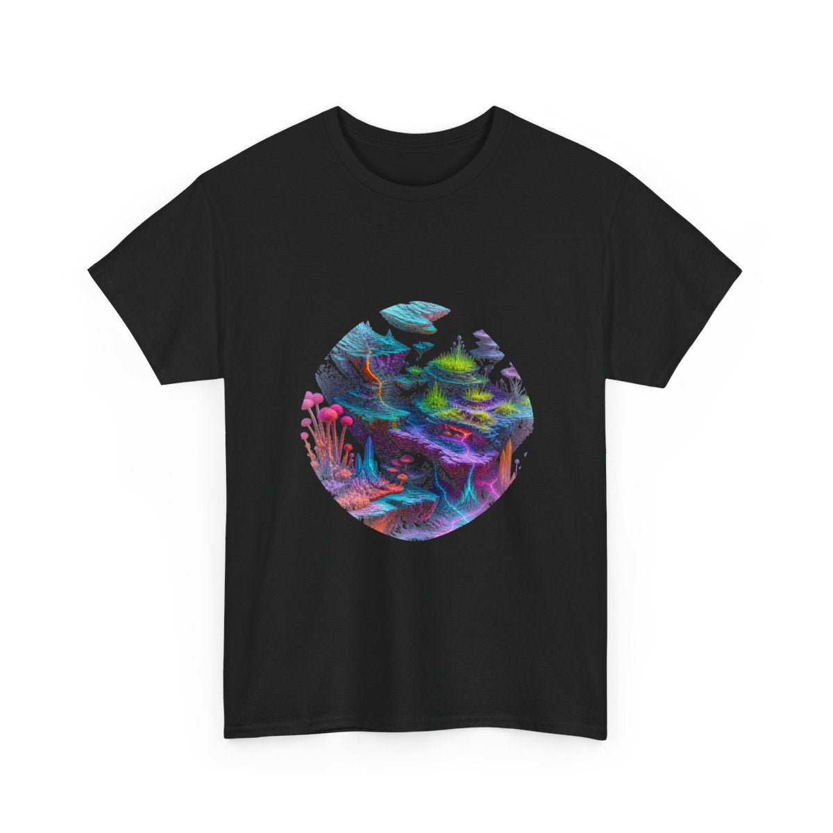 Chromatic Tectonic Garden KOSVYRE graphic tee product mockup, alternate front view