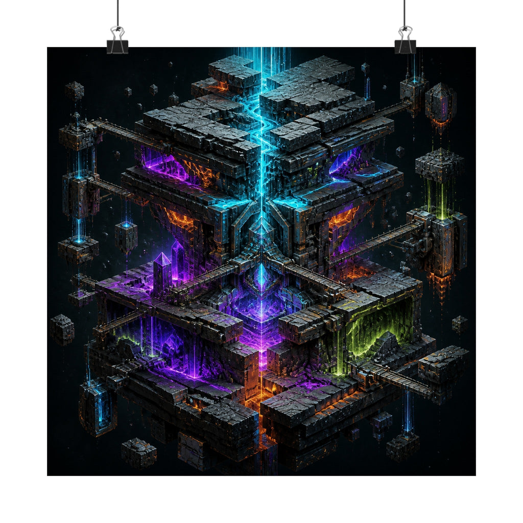Chromatic Tectonics satin art print displayed with black binder clips
