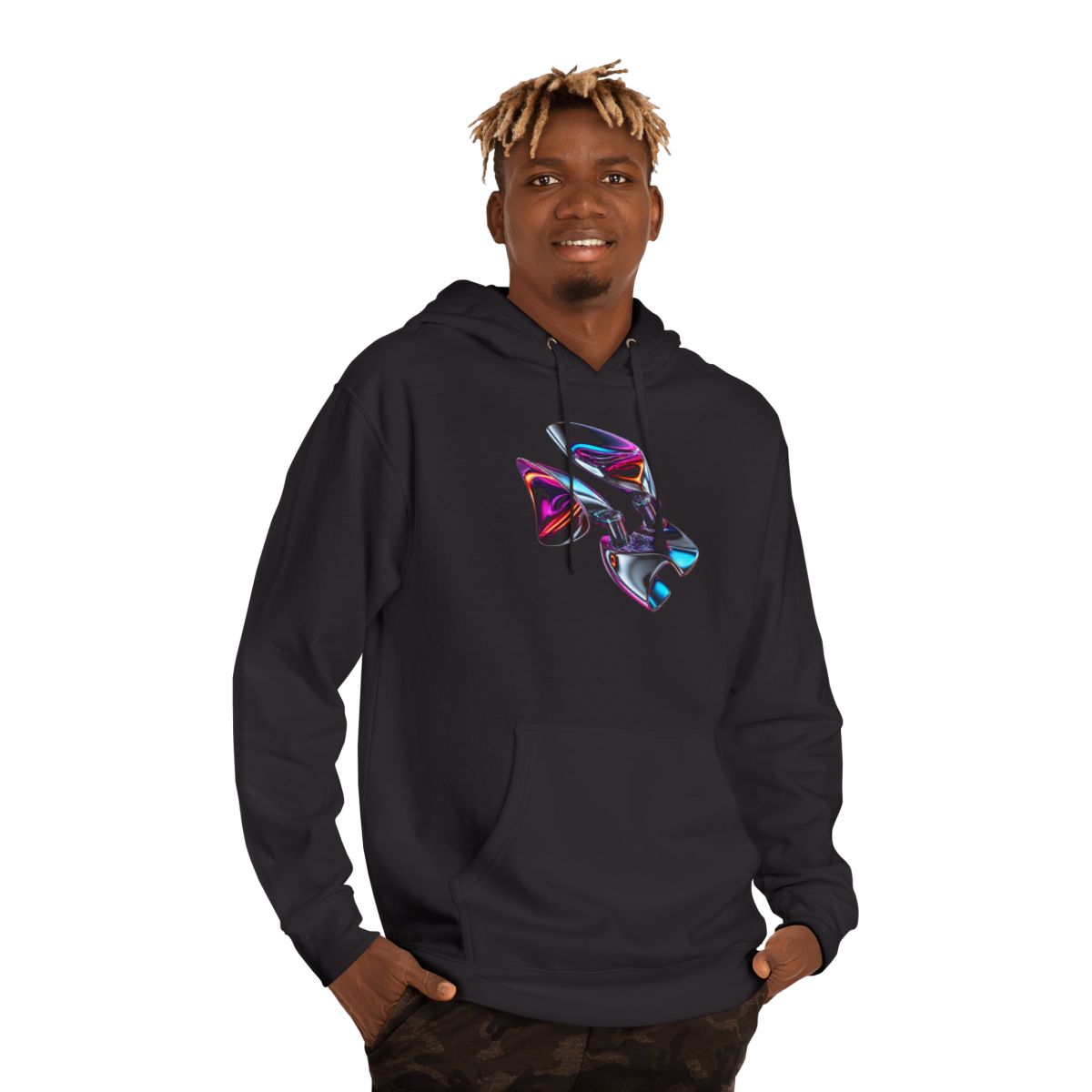Chrome Hinge Bloom KOSVYRE hoodie product mockup, person 2 front view