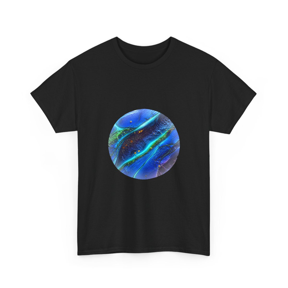 Cobalt Wound Garden KOSVYRE graphic tee product mockup, alternate front view