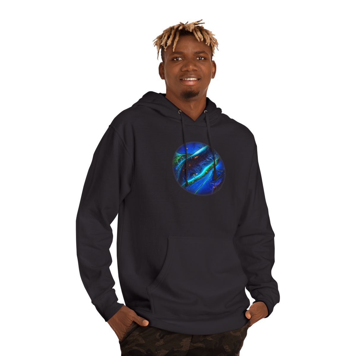 Cobalt Wound Garden KOSVYRE hoodie product mockup, person 2 front view
