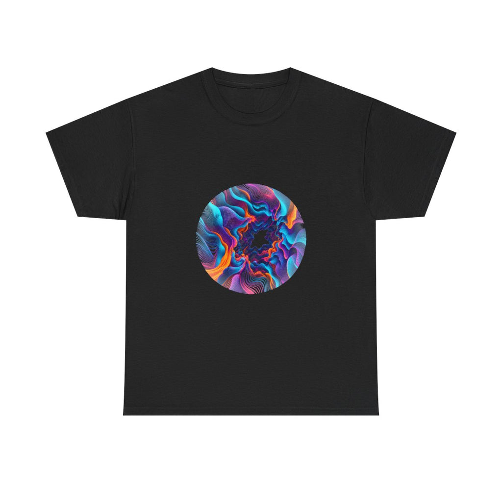 Cyan Bloom Parallax KOSVYRE graphic tee product mockup, front view