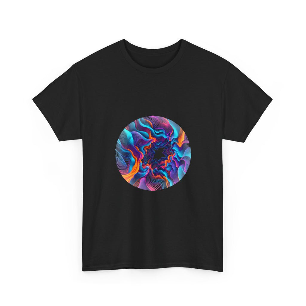Cyan Bloom Parallax KOSVYRE graphic tee product mockup, alternate front view
