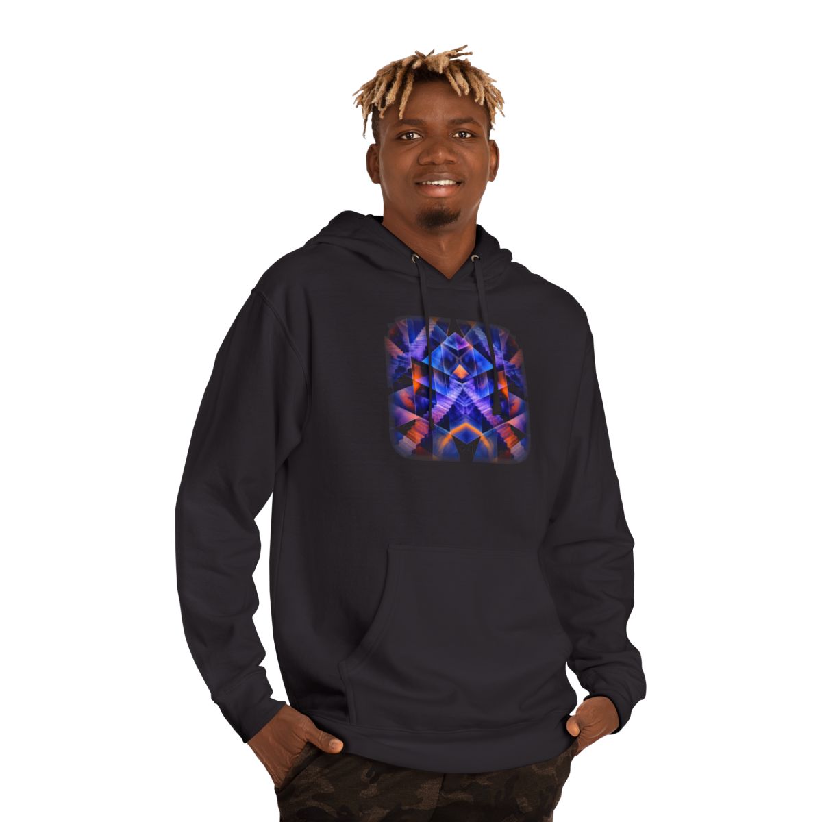 Cyan Monolith Choir KOSVYRE hoodie product mockup, person 2 front view