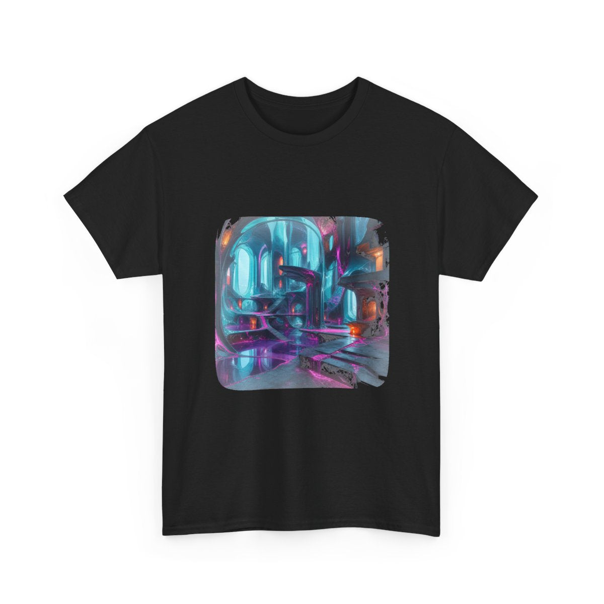 Cyan Suture Cathedral KOSVYRE graphic tee product mockup, alternate front view
