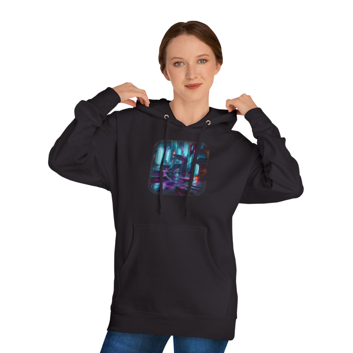 Cyan Suture Cathedral KOSVYRE hoodie product mockup, person 1 front view