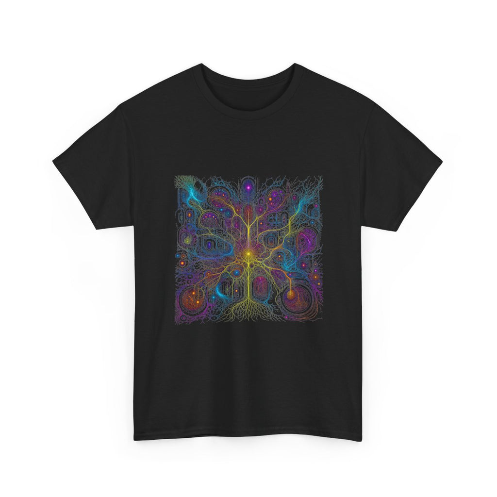 Electric Mycelium Bureau KOSVYRE graphic tee product mockup, alternate front view