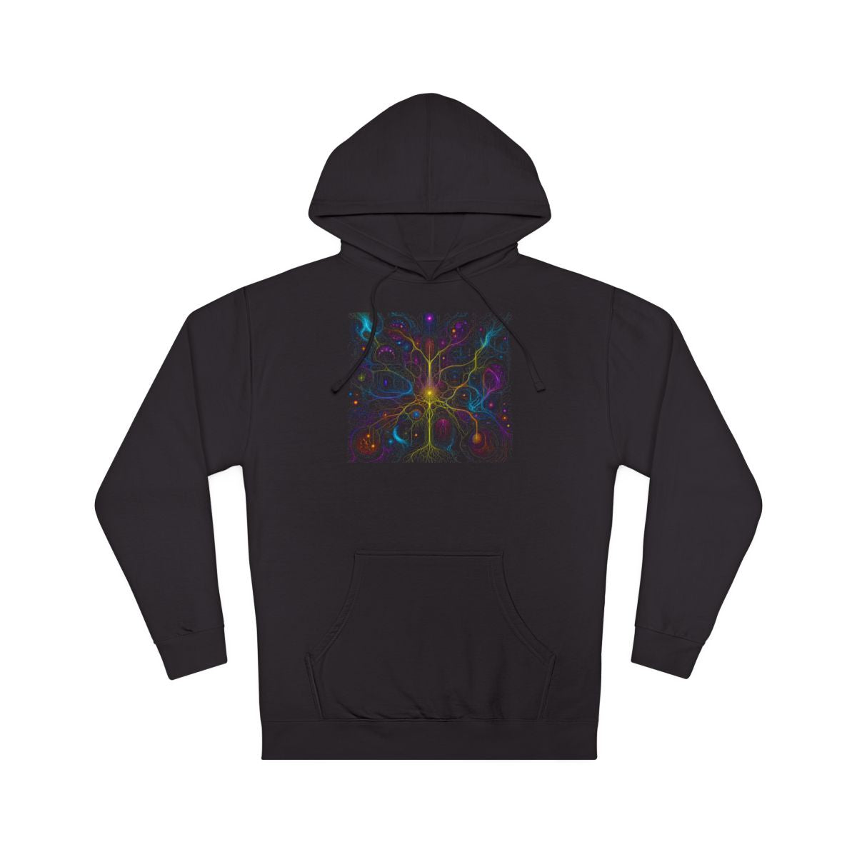 Electric Mycelium Bureau KOSVYRE hoodie product mockup, front view