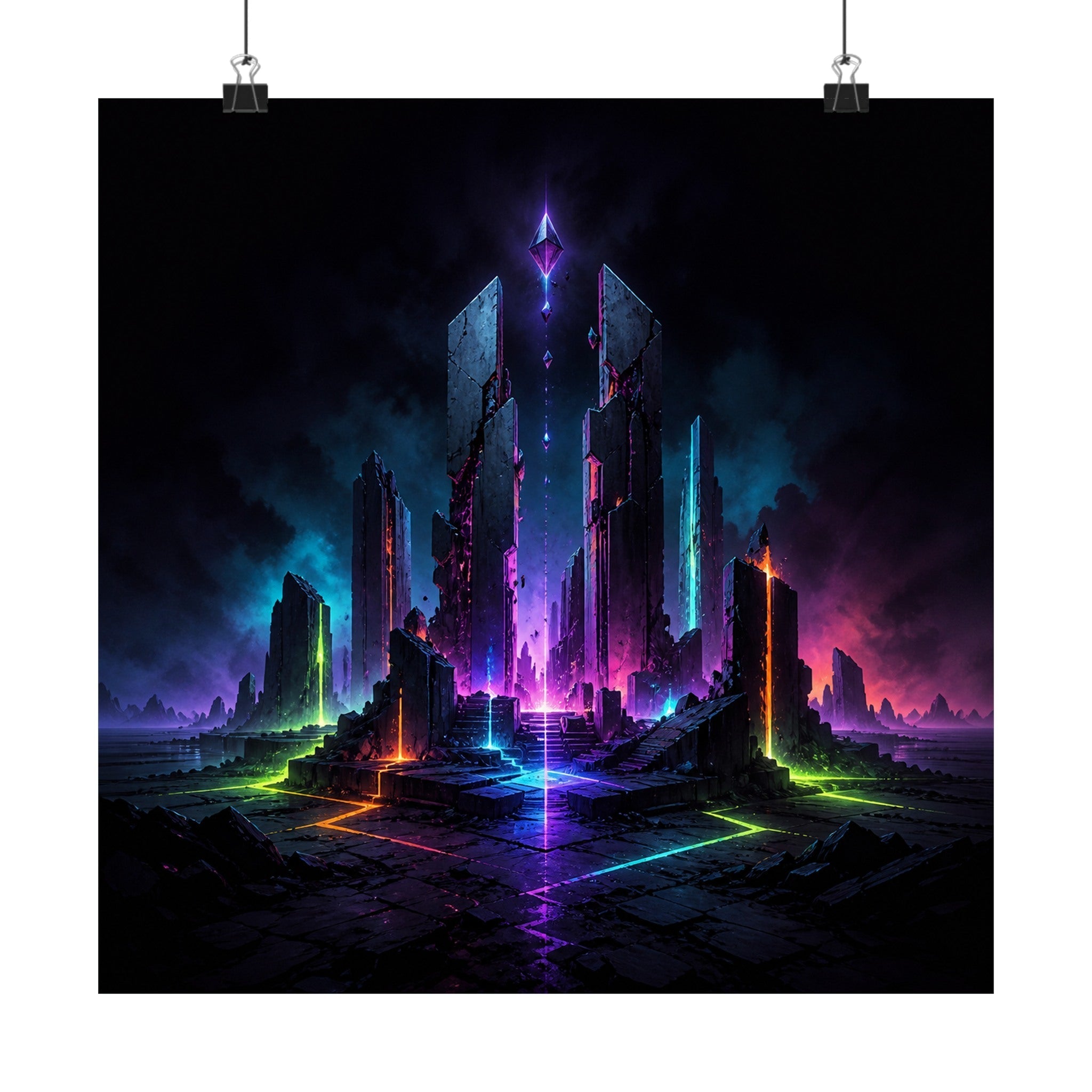 Electric Ruins satin art print displayed with black binder clips