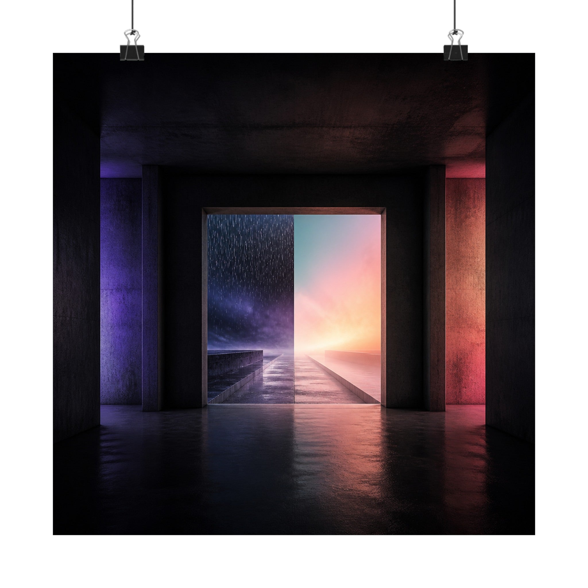 Empty Room Weather satin art print displayed with black binder clips