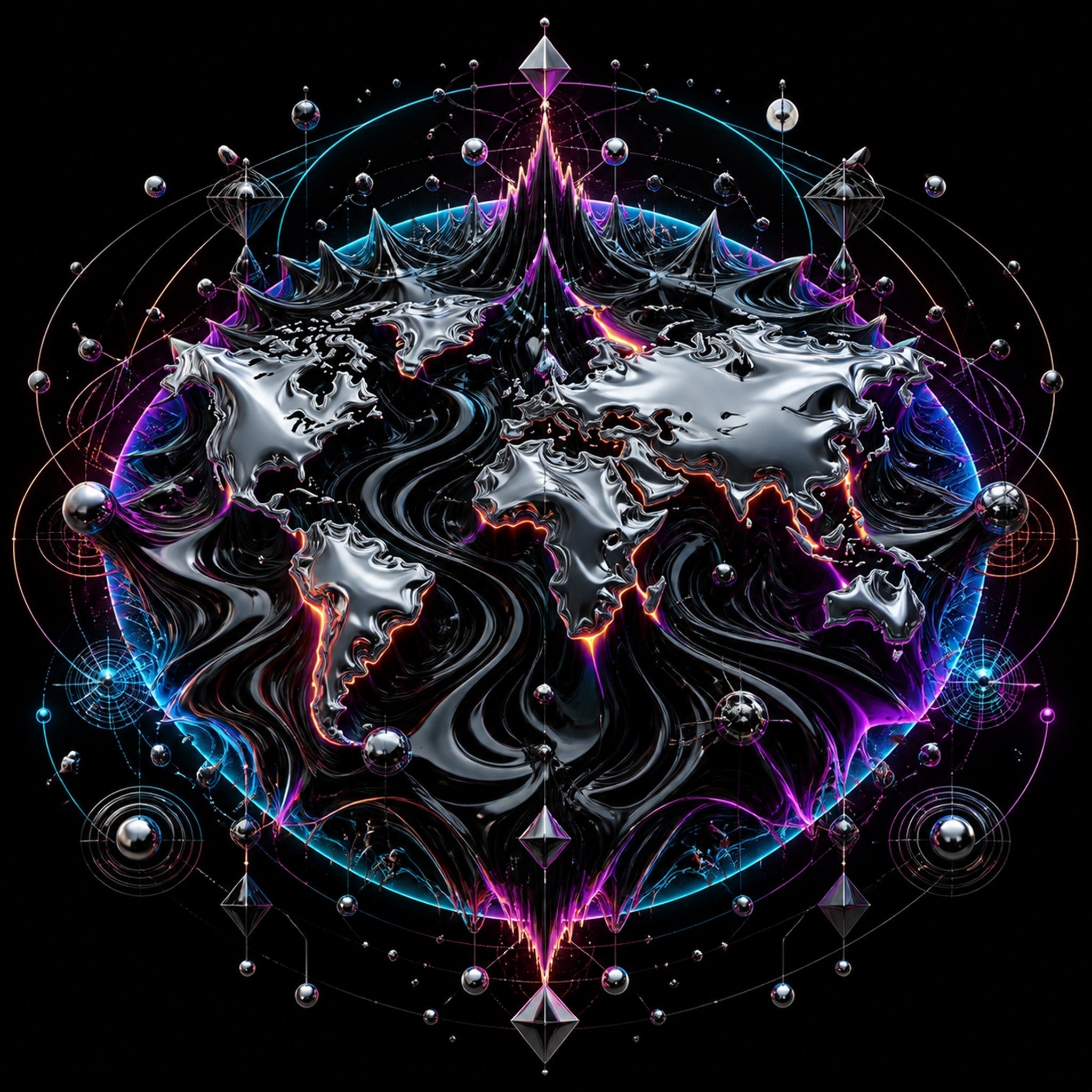 Close-up of the original KOSVYRE artwork Ferrofluid Atlas
